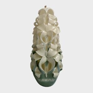 Ribbon Hawaii Green Wax Hand Carved Pillar Candle Vintage Retro Artisan